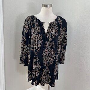 Lucky Brand Womens Plus 3X Black Beige Floral Boho Tunic Top Blouse 3/4 Sleeve